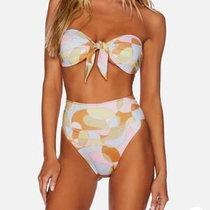 Free People Pastel Retro Print Bandeau Bikini Set - Pink, Yellow, Blue, Tan
